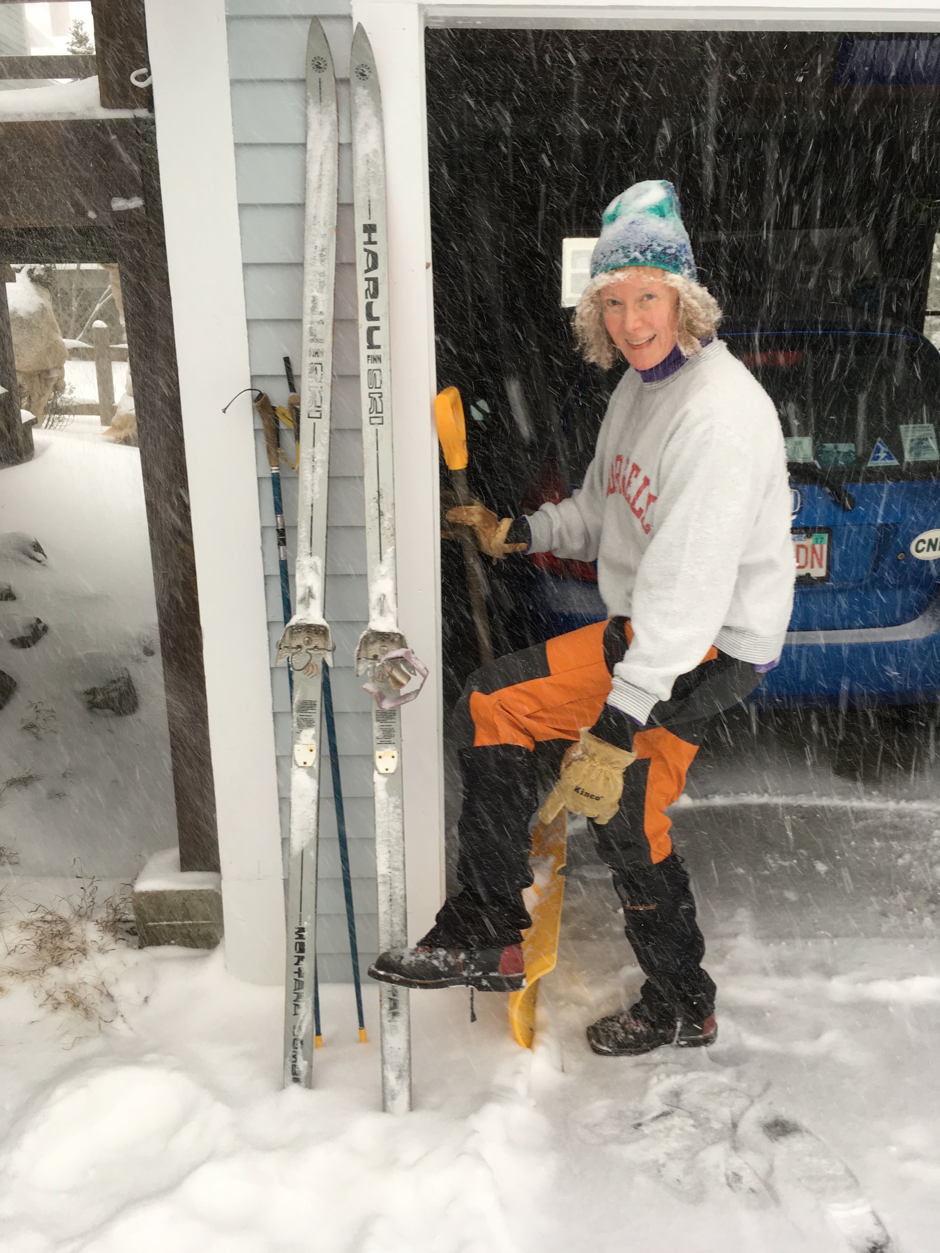 Swain modeling her mother’s 1970s era ski gear. “It’s still going strong! Wooden waxless skis with real mohair strips, and leather boots with no insulation whatsoever! Perfect for New England winters,” she jokes.