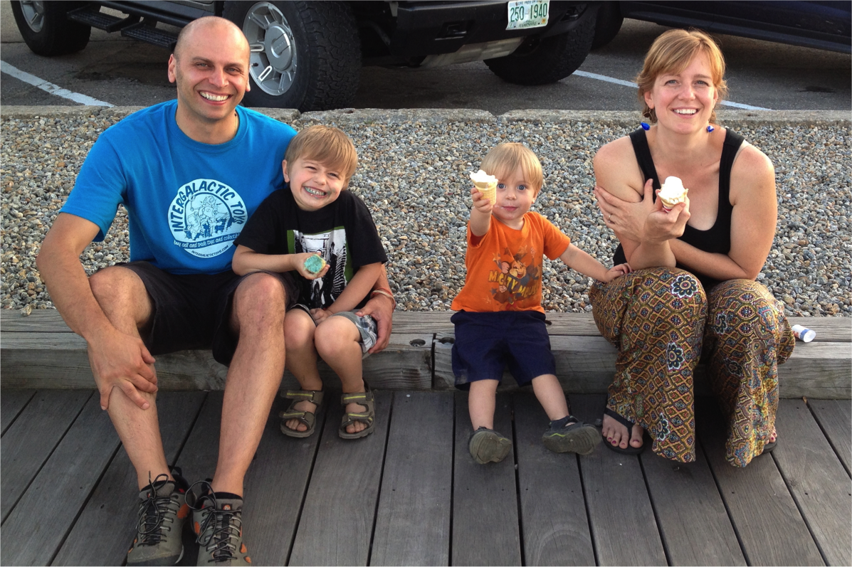De La Cruz with his family on an ice cream pit stop in the New Hampshire lakes region (left to right: De La Cruz, Ezra Thomas, Lucien Amauri, and wife, Leslie)