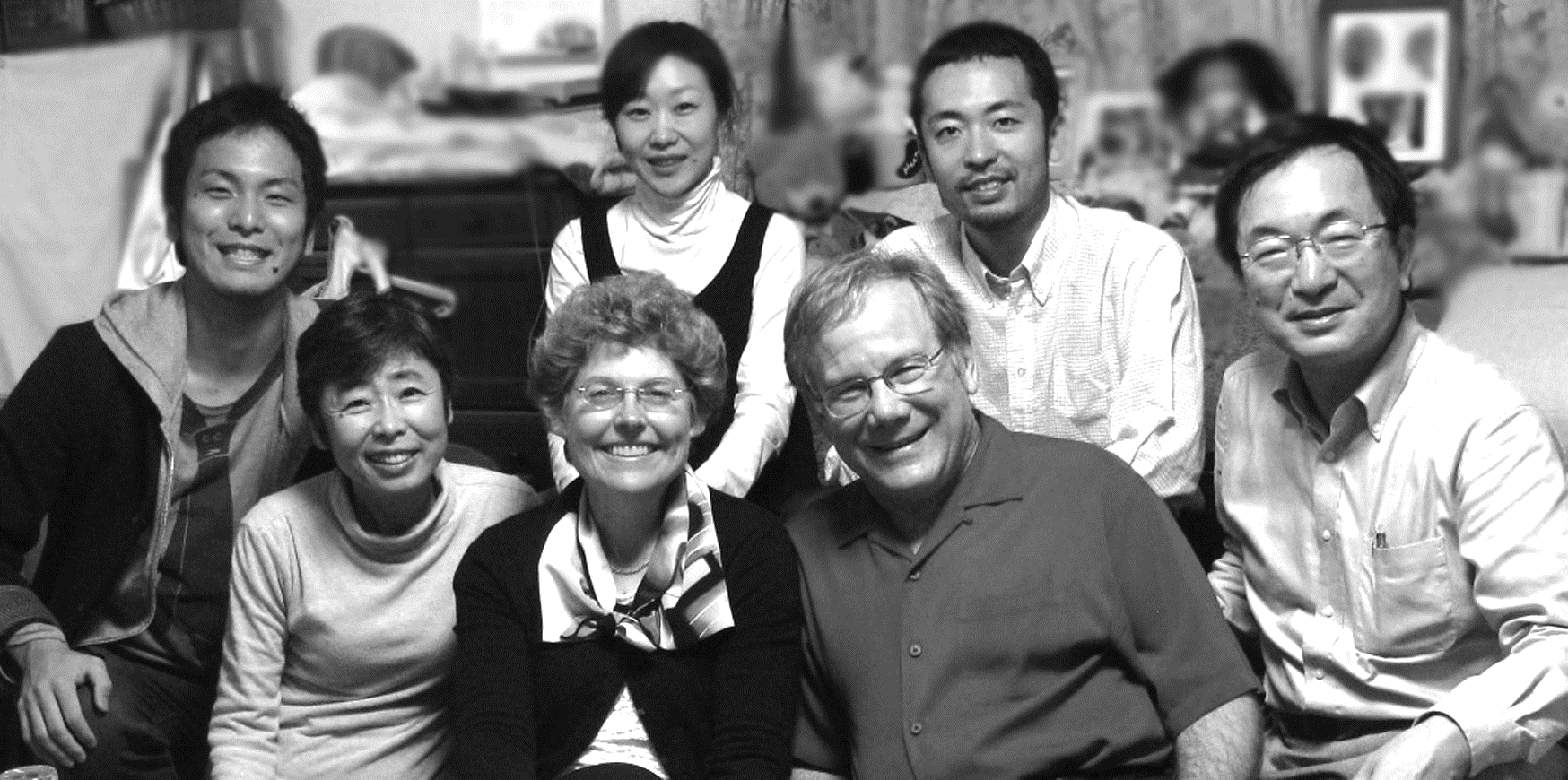 Ishiwata family with Dave and Jenny Thomas at Ishiwata's home in Tokyo. From left to right, front: Akiko (Ishiwata's wife) Jenny and Dave Thomas. Rear: Shusuke, Mamiko (Shintaro's wife), Shintaro, and Ishiwata.
