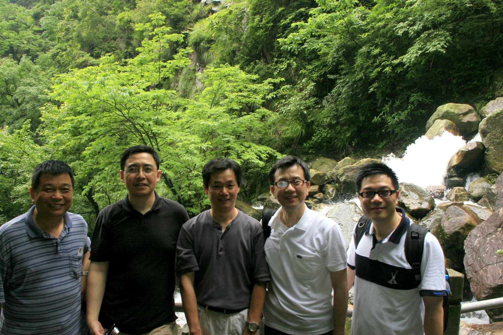 WuXi biology colleagues on a retreat in Zhejiang Province in China. From left: Xinsheng Chen, Qiang Lü, Henry Lu, Chichang Chan, and James Wu.