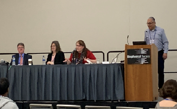 Figure 1: From left to right. Joe Gindhart (NIH), Silvia Ronco (Research Corporation for Science Advancement), Elizabeth Yates (moderator, Education Committee), and Wilson Francisco (NSF) at the 2020 BPS Annual Meeting in San Diego, California.  